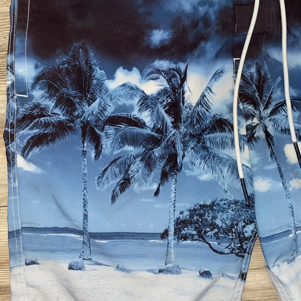 American Eagle Mens L Board Shorts Blue Palm Tree Print Lace Up‎ Drawstring